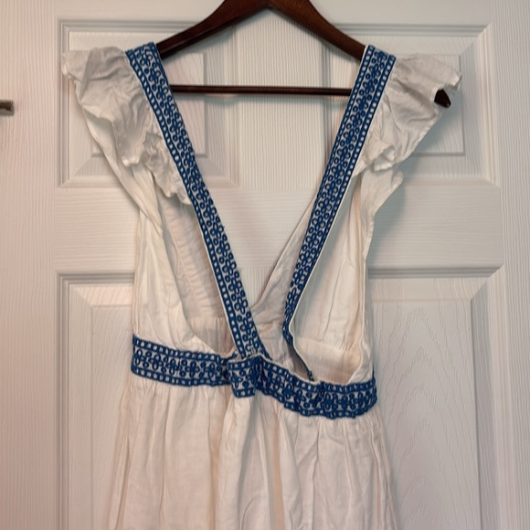 JCREW WOMENS MAXI LENGTH LINEN COTTON BLEND PLUNGE V NECK DRESS WHITE BLUE LARGE - Picture 8 of 10